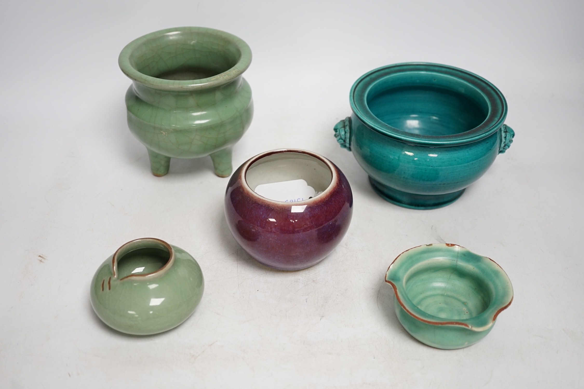 A Chinese Jun type bud vase, a crackle glaze incense burner, and three other items, largest 12cm high. Condition - fair to good